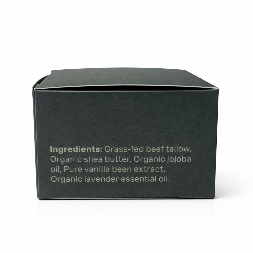 Dark green box with white text listing ingredients on a white background 