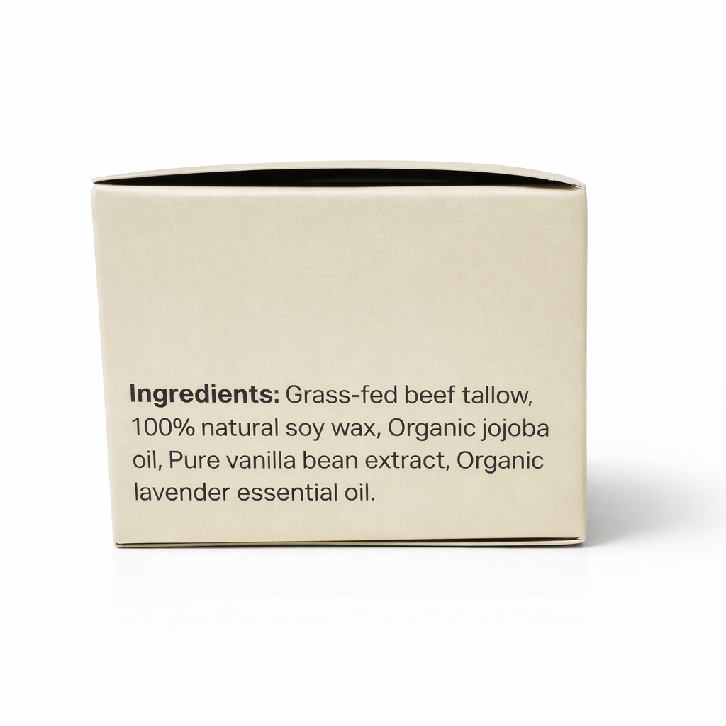 Candle packaging with a list of ingredients on a white background