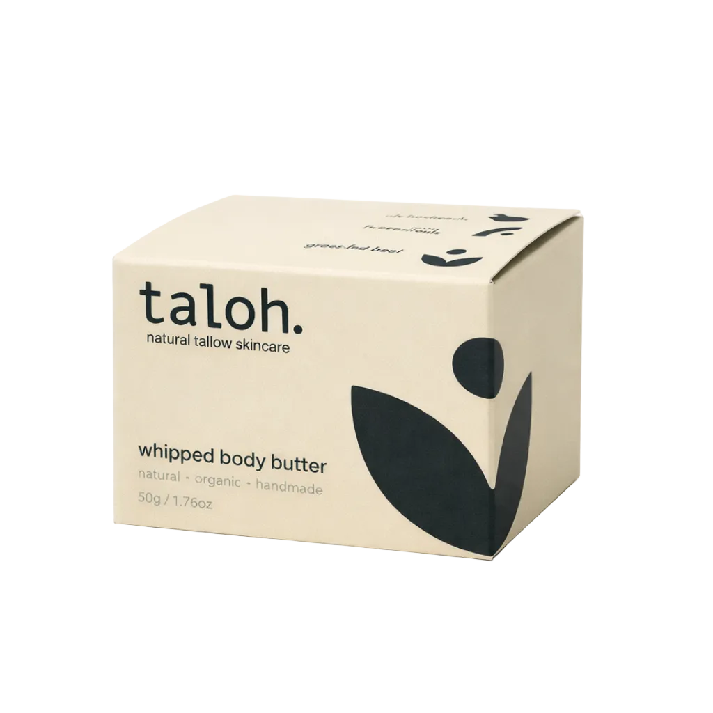 Box of taloh whipped body butter made from 100% grass-fed beef tallow on a white background